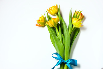 Lollipop hearts and beautiful tulips on white background