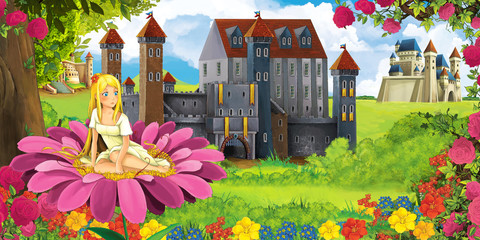 Cartoon nature scene with beautiful castles near the forest with beautiful young elf girl - illustration for the children