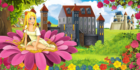 Cartoon nature scene with beautiful castles near the forest with beautiful young elf girl - illustration for the children
