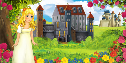 Cartoon nature scene with beautiful castles near the forest with beautiful young girl - illustration for the children
