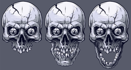 Detailed graphic realistic cool black and white human skulls with crack, crazy eyes and broken teeth. On gray background. Vector icon set.
