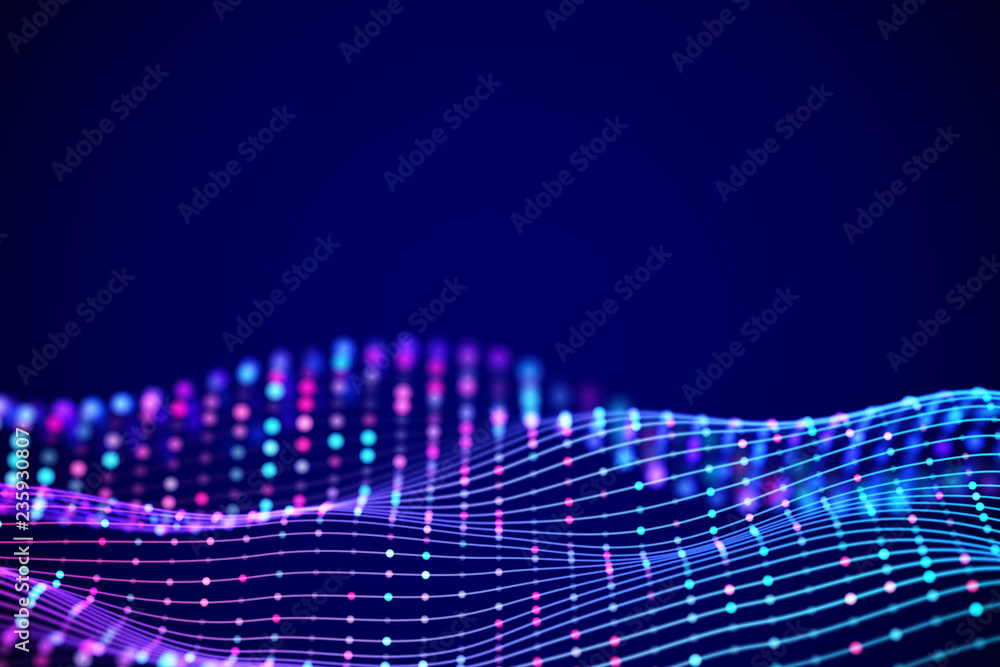 Poster 3d sound waves with colored dots. big data abstract visualization. digital concept: virtual landscap