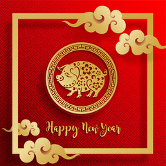 Happy chinese new year 2019 Zodiac sign with gold paper cut art and craft style on color Background.(Chinese Translation : Year of the pig)