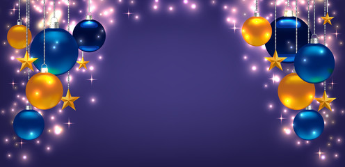 Beautiful template for Christmas or New Year Card, Flyer, poster, invitation, banner. Promotion or shopping template. Illustration with balls, stars and place for text. Violet Vector background