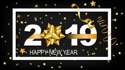 Happy new year 2019 vector illustration with golden ornaments isolated on black background