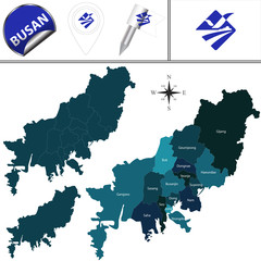 Fototapeta premium Map of Busan with Districts, South Korea
