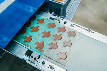 A conveyor belt with chocolates 