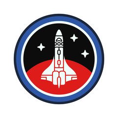 Fototapeta premium Circle stripe silhouette vector logo of aerospace mars program multistage rocket. Galaxy investigations emblem. Cartoon style rocket, astronaut insignia equipment. Spaceship technology illustration.