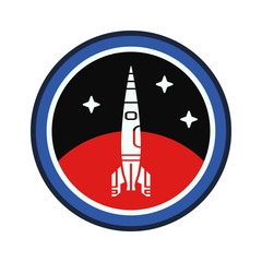Circle stripe silhouette vector logo of aerospace mars program multistage rocket. Galaxy investigations emblem. Cartoon style rocket, astronaut insignia equipment. Spaceship technology illustration.