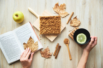 Autumn flatlay with homemade cake