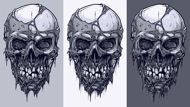 Detailed graphic realistic cool black and white human skulls with horrible pieces of dead skin and broken teeth. On gray background. Vector icon set.