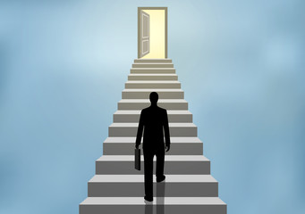 Businessmen walk up the stairs to the door. Step up the ladder to success, goal in life, and progress in the job. Of the highest organization. Business Finance Concepts. cartoon vector illustrations