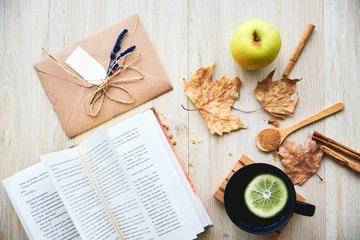 Autumn flatlay with yellow leaves