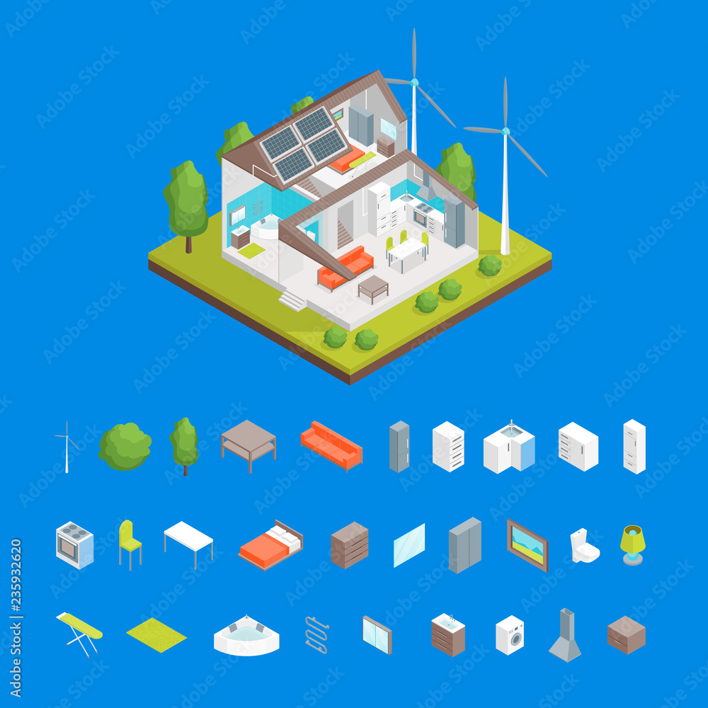Poster solar cell system in home and elements concept 3d isometric view. vector