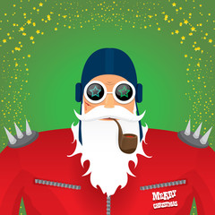 vector DJ rock n roll santa claus with smoking pipe, santa beard and funky santa hat isolated on green christmas square background with stars. Christmas hipster party poster, banner or card.