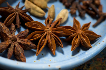 spices for masala tea in a plate, closeup