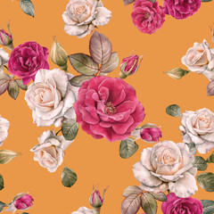 Floral seamless pattern with watercolor white roses