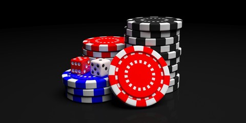 Poker chips pile isolated on black background, front view. 3d illustration