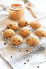 Peanut Butter Chocolate Chip Cookies on a baking rack.