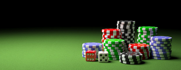 Poker chips piles and dice on green felt, banner, copy space. 3d illustration