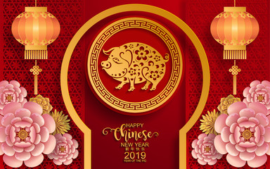 Happy chinese new year 2019 Zodiac sign with gold paper cut art and craft style on color Background.(Chinese Translation : Year of the pig)