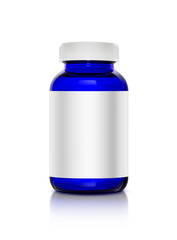 blue transparent glass supplement product bottle