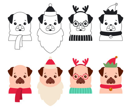 Christmas dogs in the costumes of Santa Claus, reindeer and elf. Vector cartoon set of cute puppies isolated on white background.