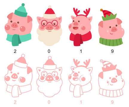 Christmas pigs in the costumes of Santa Claus, reindeer and elf. Vector cartoon set of cute piglets isolated on white background.
