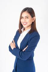 Beautiful Business Woman in blue suit is smiling on white  background