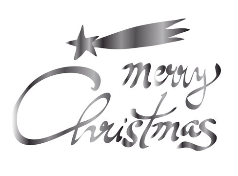 Merry Christmas silver gradien hand lettering calligraphy with christmas comet star isolated on white. Vector image