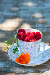 Fresh ripe raspberries and an old porcelain cup with a saucer on a wooden table in the garden.