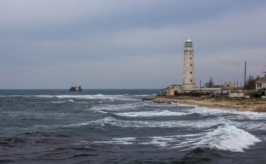 Fototapeta premium The Tarkhankut lighthouse. Cape Tarkhankut, south-western cape of the Tarkhankut Peninsula, Crimea
