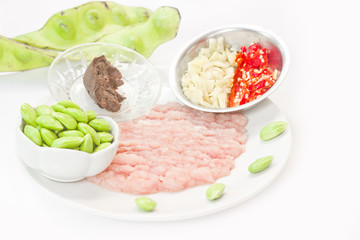 Raw material in the making sato fried pork manu thaifood spicy taste.