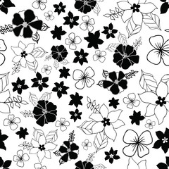 Vector seamless repeat floral pattern in black on white background. Perfect for fabric, wallpaper, stationery and scrapbooking projects and other crafts and digital work
