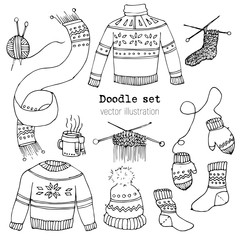 Set of hand drawn Winter Doodle Vector elements. Cute marry Christmas And happy New Year Sketch. isolated illustration. Cozy cartoon knitted sweater, scarf, hat, mittens, Skates, pancake, gingerbread.