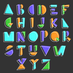 Line hand drawn alphabet with colorful shadow. Vector illustration