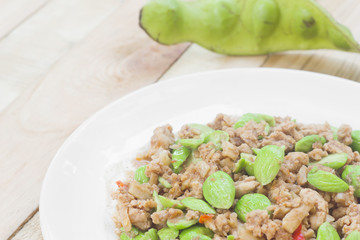 Sato fried pork manu thaifood spicy taste.