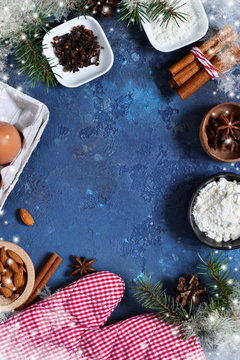 Christmas card with decorations for baking. Christmas background with space for text. Top view