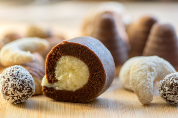 Various kinds of Christmas cookies, cocoa wasp nests, coconut balls, sweet vanilla rolls, cinnamon sandbakelse sweets