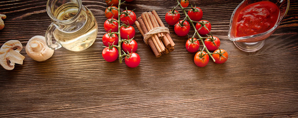everything on wood table for the preparation of acute Italian sauce