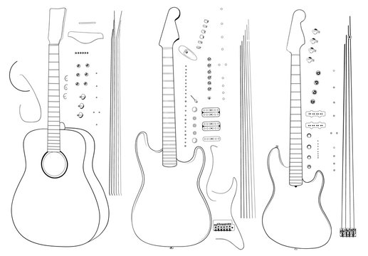 Three guitars: bass, electro and acoustic in vector illustration. Exploded version.