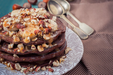 hocolate ancakes with banana, walnut and caramel for a breakf