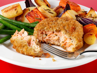 SALMON FISHCAKES WITH ROAST VEGETABLES