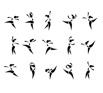 Icons for activity like dance female figure. This illustration of woman dancing, yoga, aerobics, acrobatics, gymnastics, sports.