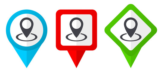 Pointer red, blue and green vector pointers icons.Set of colorful location markers isolated on white background easy to edit.