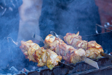 Street food, grilled meat on a spit. Homemade.