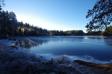 Frozen lake on a very cold winterday in Dalarna