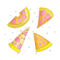 Tasty yellow a slice of pizza cartoon set icons. Set of italian fast food pizza with cheese and pepperoni vector icon. Flat set a piece of pizza with yellow cheese on white background.