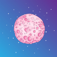 Fun cartoon pink sponge moon icon. Pink magic full moon with decoration elements on blue background. Magical pink full moon in dreams vector icon.