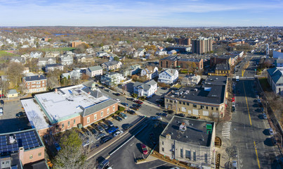 Fototapeta premium Aerial view of Arlington historic town center in Arlington, Massachusetts, USA.